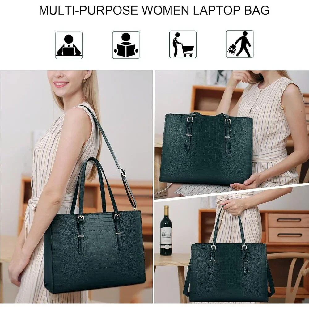 〽️Women Dark Green Leather Waterproof Professional Shoulder Bag 15.6 Inch